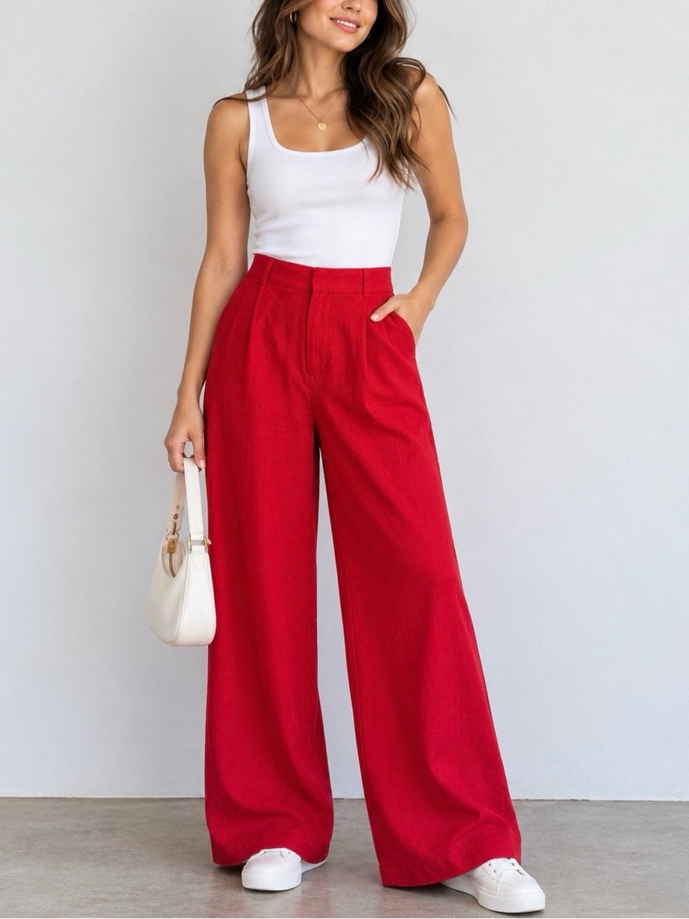Scalpers Red Linen Cotton Wide Leg Pleated High Waisted Office Trousers Size S